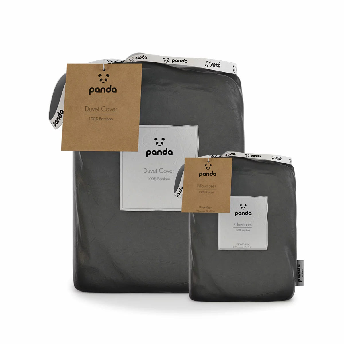 Panda 100% bamboo dark grey duvet cover set spread on a bed showing silk-soft texture, natural bamboo buttons, and matching pillowcases.