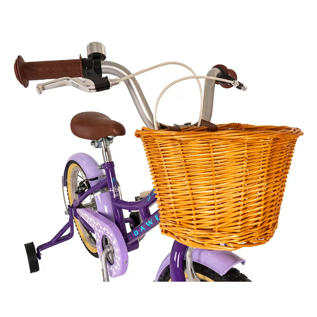 Three-quarter view of the purple Dawes Lil Duchess 16-inch kids heritage bike featuring a front wicker basket, matching mudguards, and floral frame details.