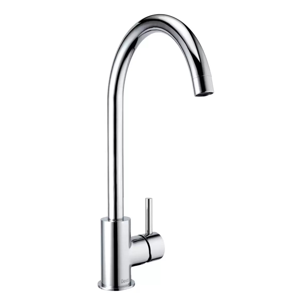 Front angle view of the chrome Deva Insignia Mono Kitchen Sink Mixer Tap installed on a modern quartz countertop next to a stainless steel undermount sink.