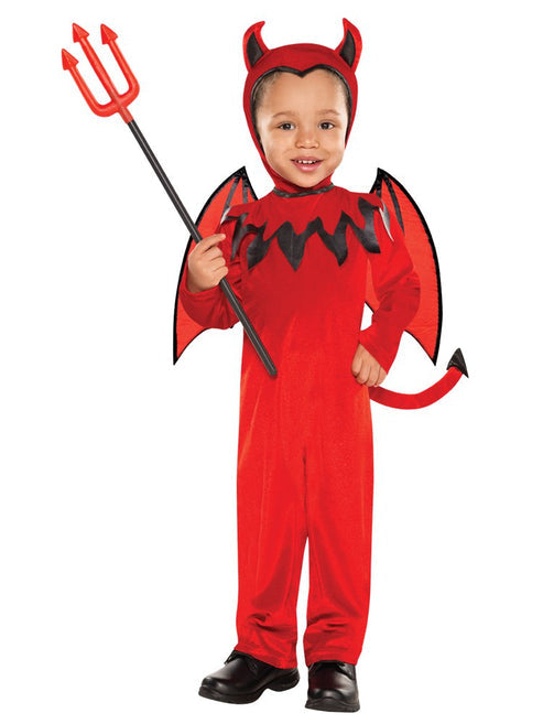 Front view of the plush red Devil Boy toddler costume featuring flame collar detailing, soft red wings, detachable tail, and matching horn hood.