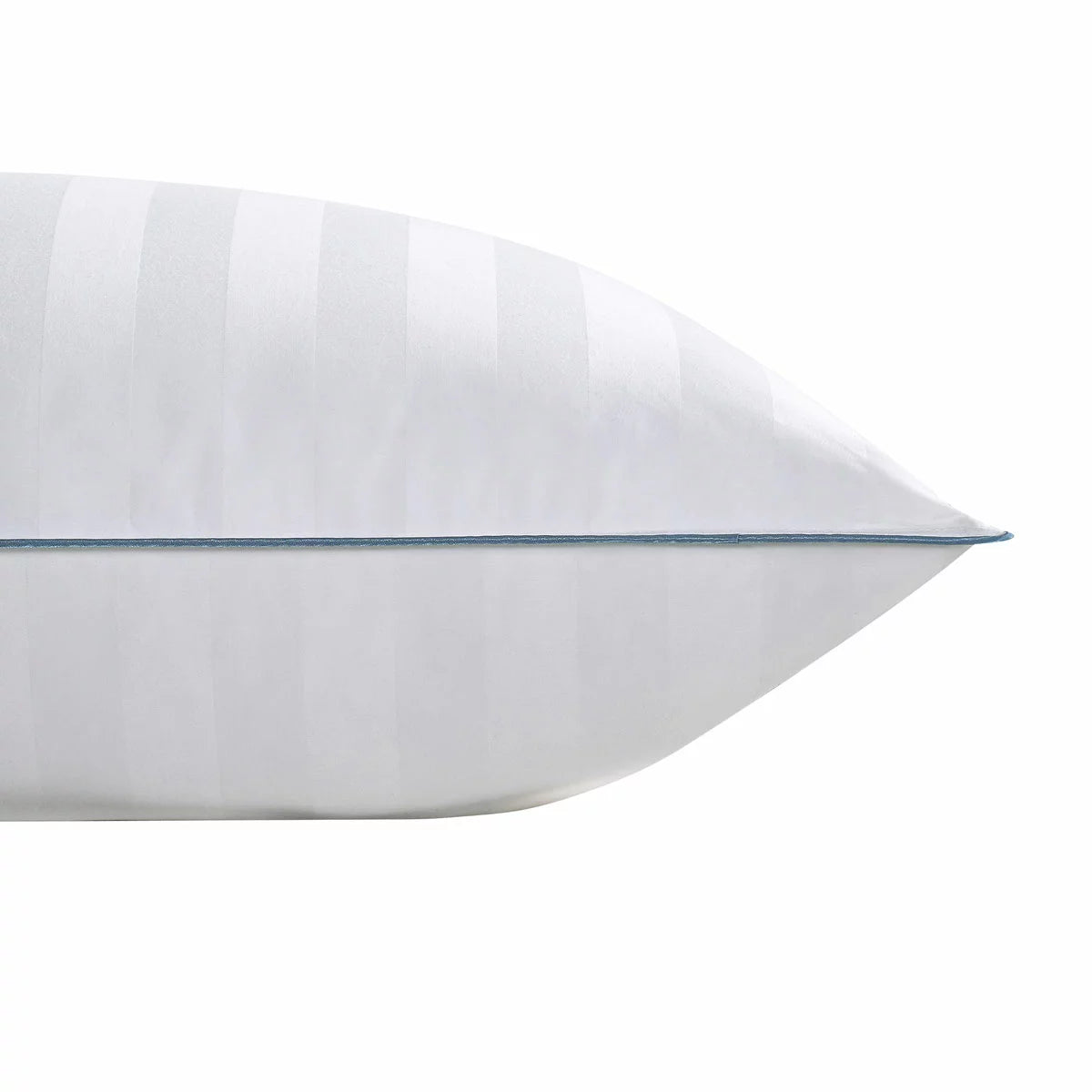 Crisp white Down Haven king size duck down pillow featuring a subtle striped 500 thread count cotton cover resting on a neatly dressed king bed.
