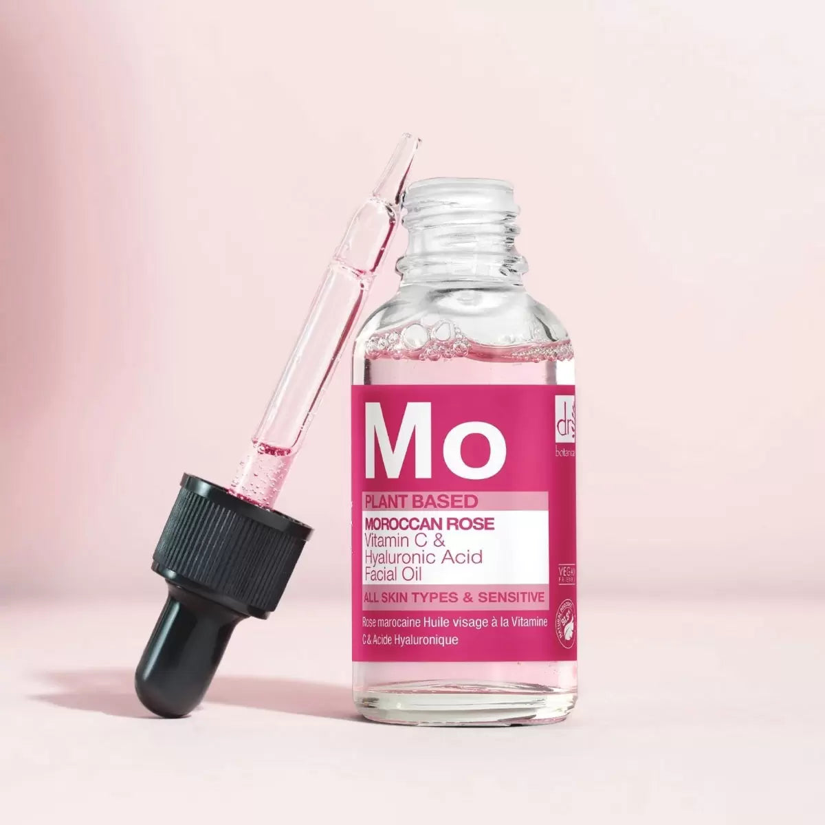 The Dr Botanicals Moroccan Rose Superfood Facial Oil bottles, presented in a clean, minimalist aesthetic highlighting the botanical and vitamin-rich ingredients.
