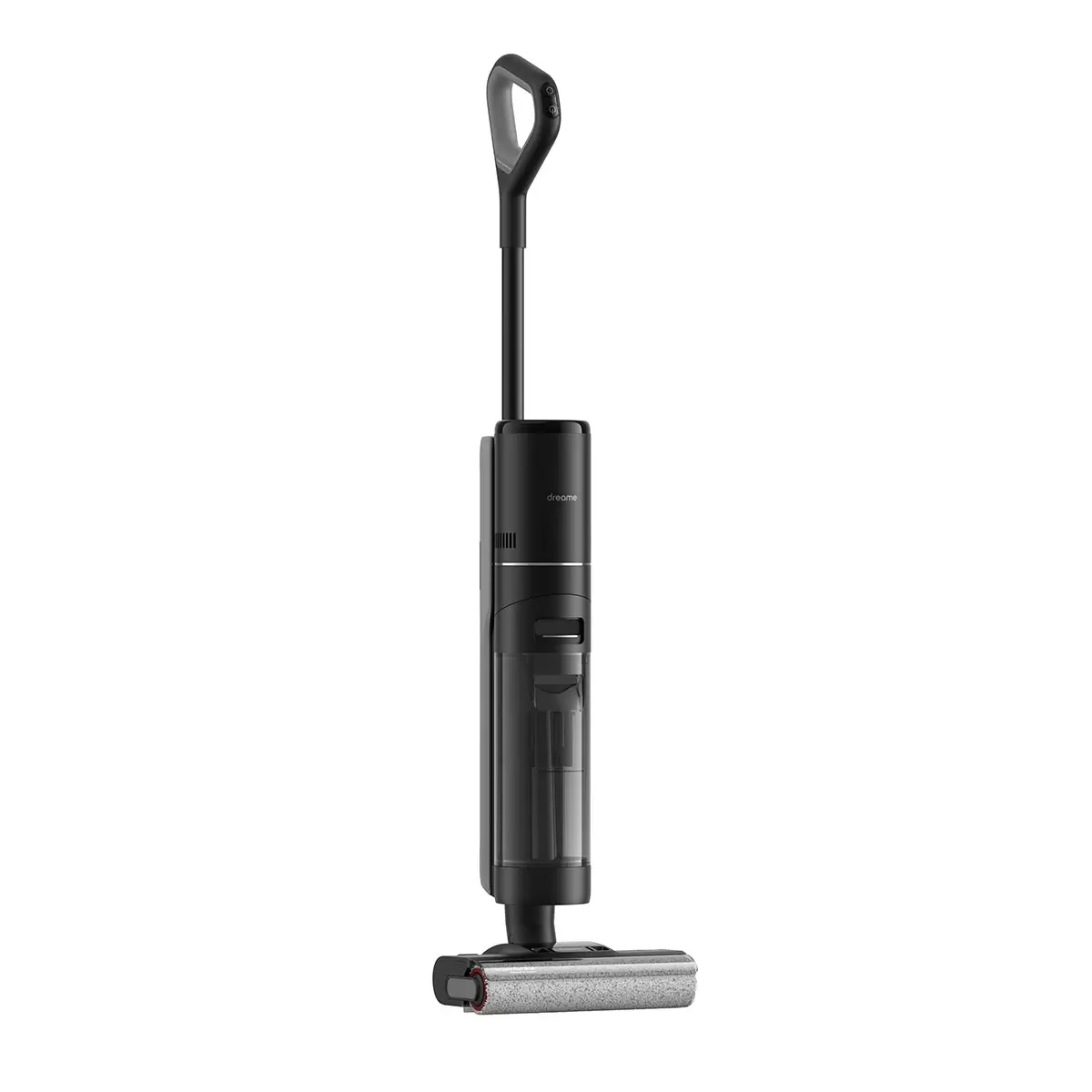 Dark grey Dreame H12 Pro wet and dry vacuum cleaner HHR25A sitting on its charging dock with the LED display screen illuminated.