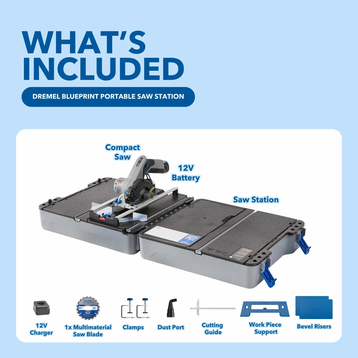 Side angle of the grey Dremel 12V cordless compact saw nested securely inside its integrated plastic workstation case on a rustic wooden workbench, showing the attached material clamps holding a piece of light oak flooring trim.