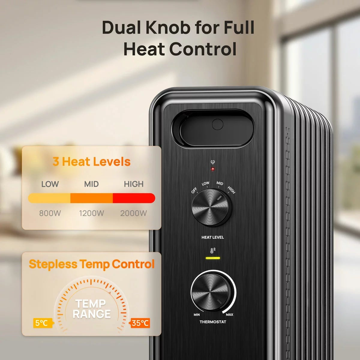 Black Dreo 2000W 9-fin oil filled radiator heater with dual analog control knobs standing on caster wheels.