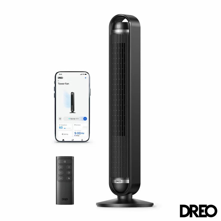 Dreo DR-HTF011S Smart Cruiser tower fan in black, shown with its sleek control interface in a contemporary living room.