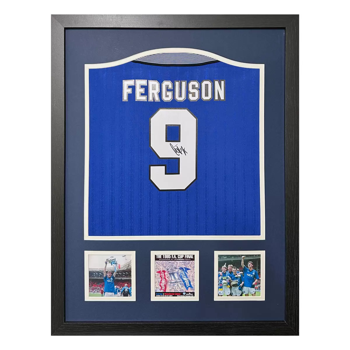 A professionally framed retro 1995 Everton football shirt signed on the number nine by Duncan Ferguson, displayed in a large wooden frame against a neutral background.