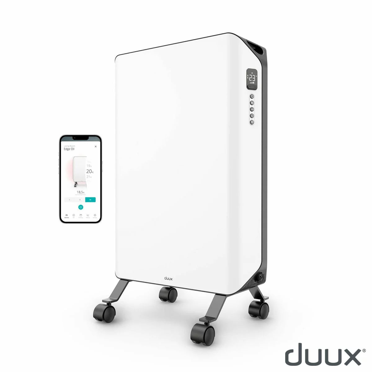 Duux Edge 2000W Smart Oil Filled Radiator in a modern living room showing its sleek white casing and no visible ribs.
