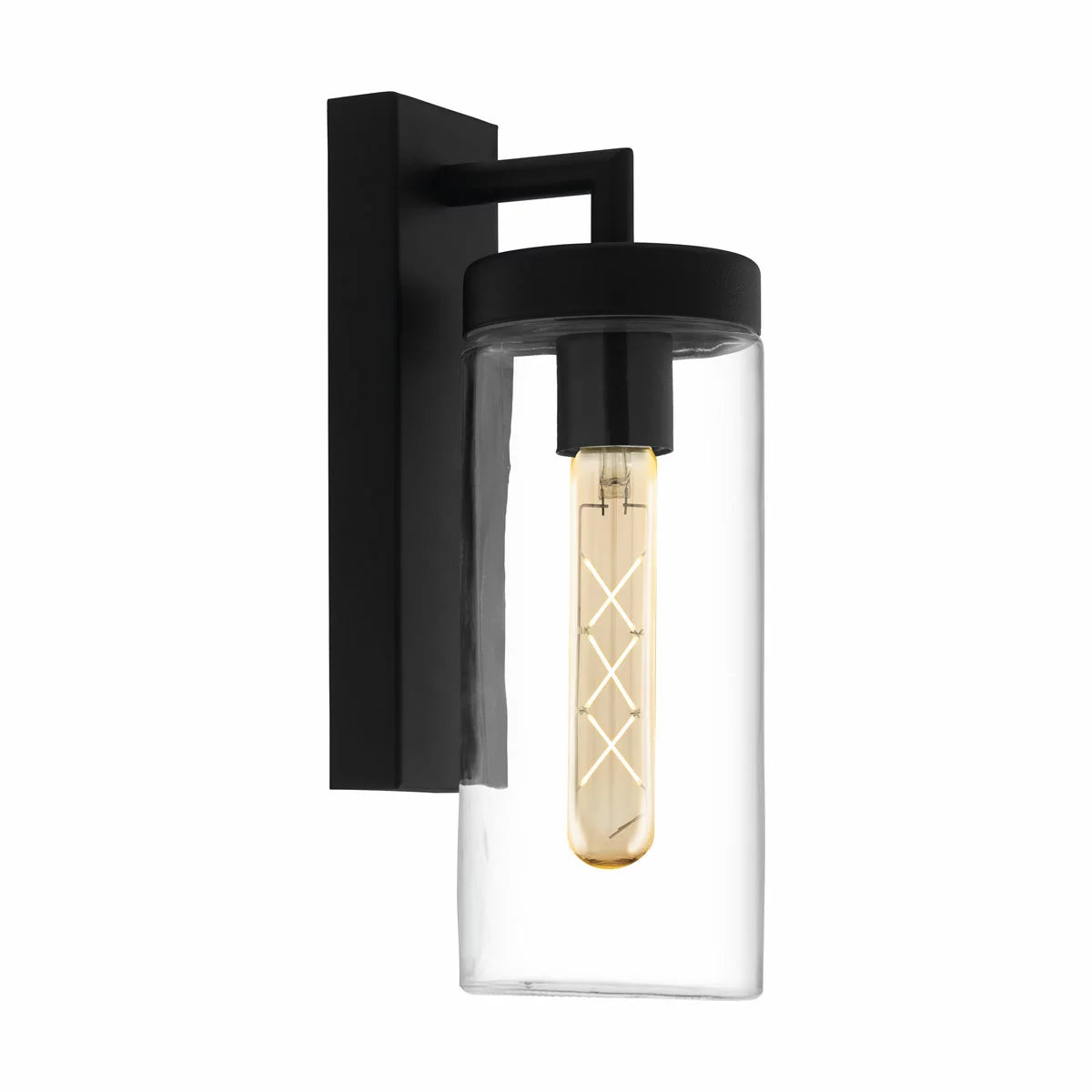 EGLO Bovolone exterior wall lamp in a matte black finish, featuring a clear cylindrical glass shade mounted on an outdoor wall at dusk.