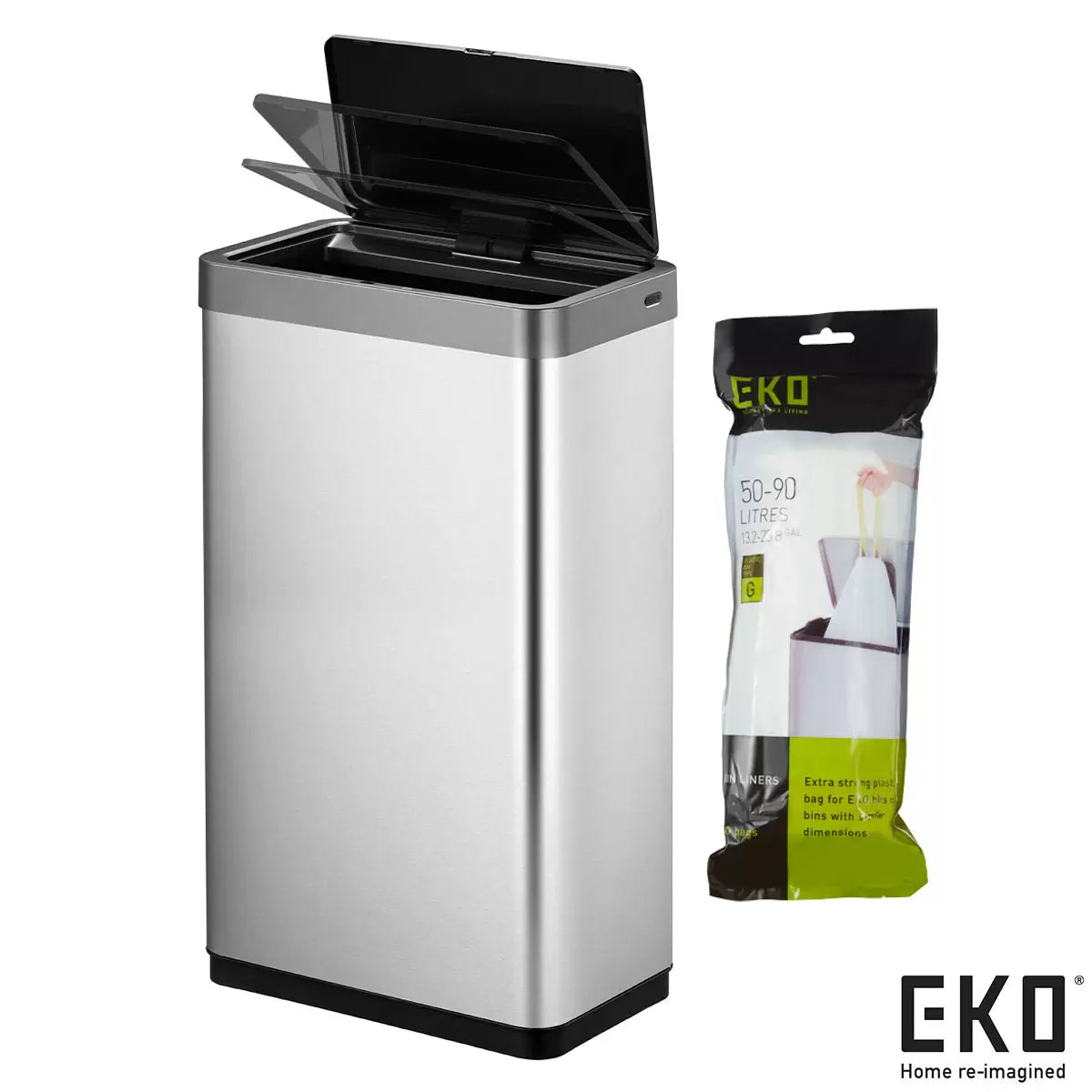 Front view of the sleek silver EKO Mirage X 80L brushed stainless steel sensor bin standing flush against a modern white kitchen wall with its lid automatically opened.
