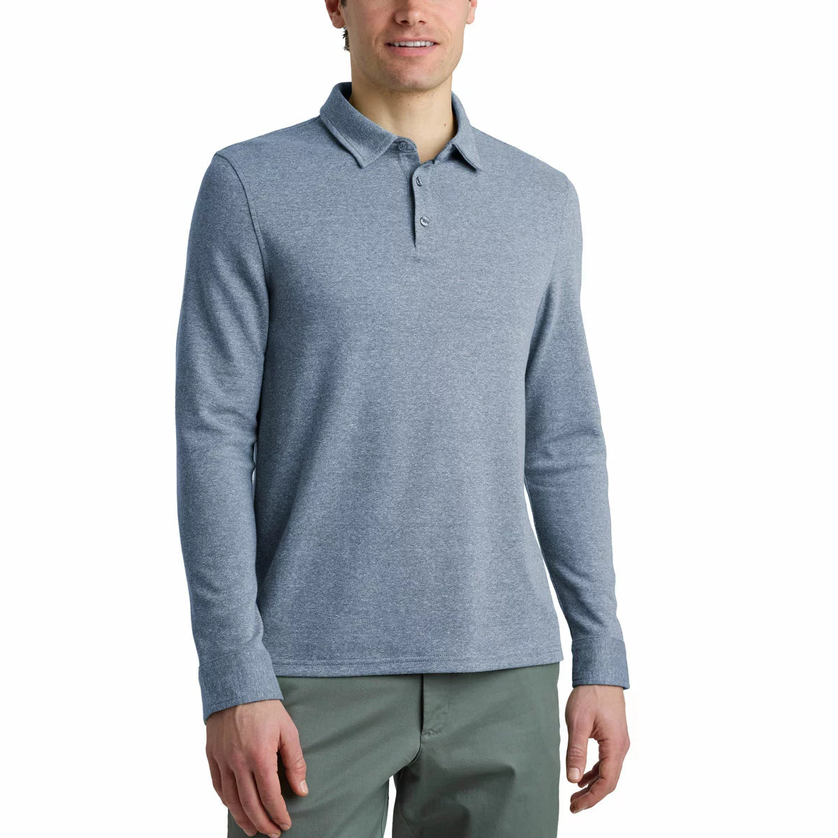 Men's beige English Laundry long sleeve jersey polo shirt with ribbed collar and button placket displayed on a clean studio background.
