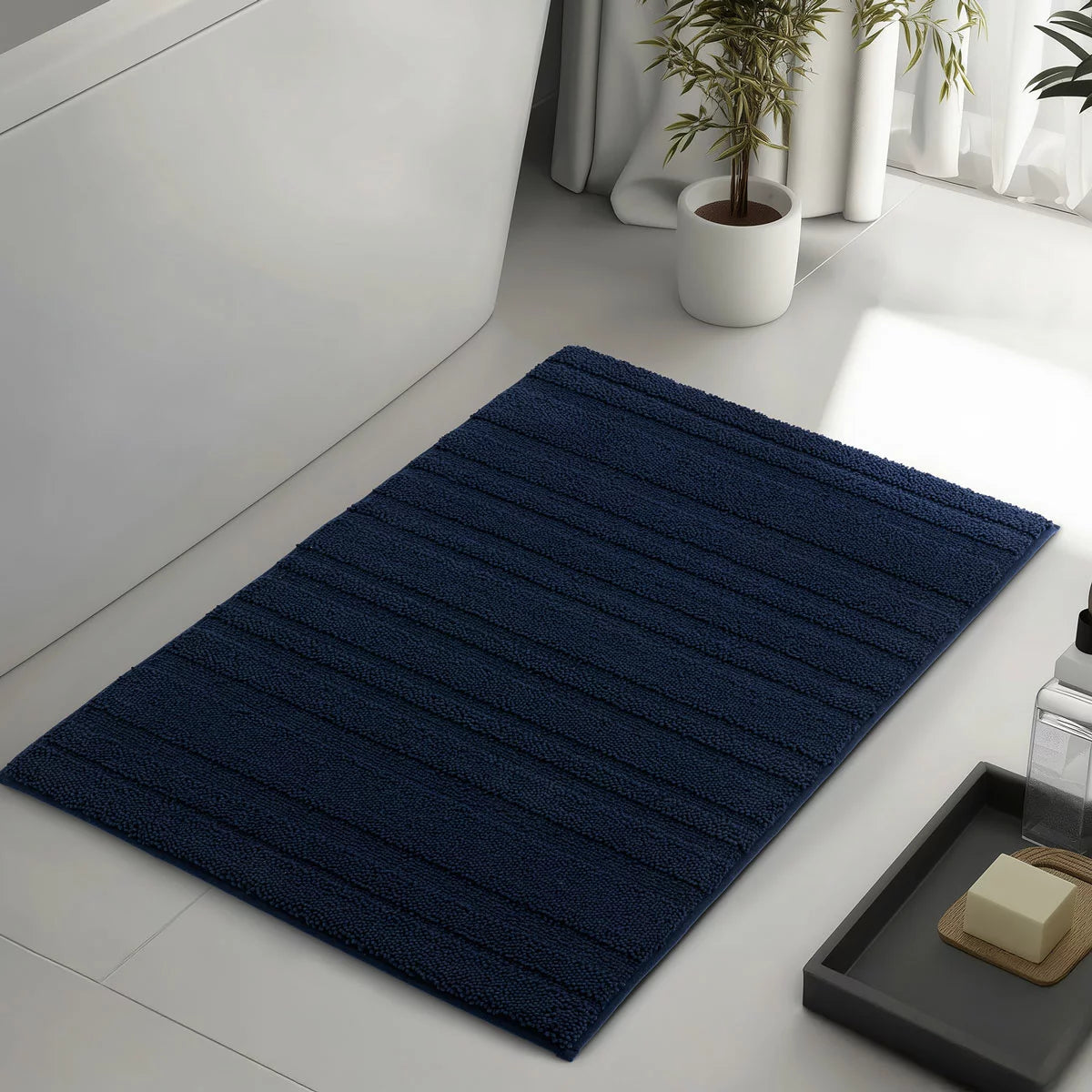 Evergrace Home Chenille Memory Foam Bath Mat in blue with soft absorbent chenille surface and non-slip backing 61 x 91 cm