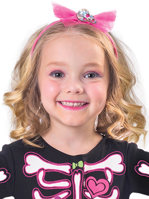 Front view of the Fancy Bones Skeleton Costume featuring a black jumpsuit with pink outlined bone graphics and attached layered pink tutu skirt.