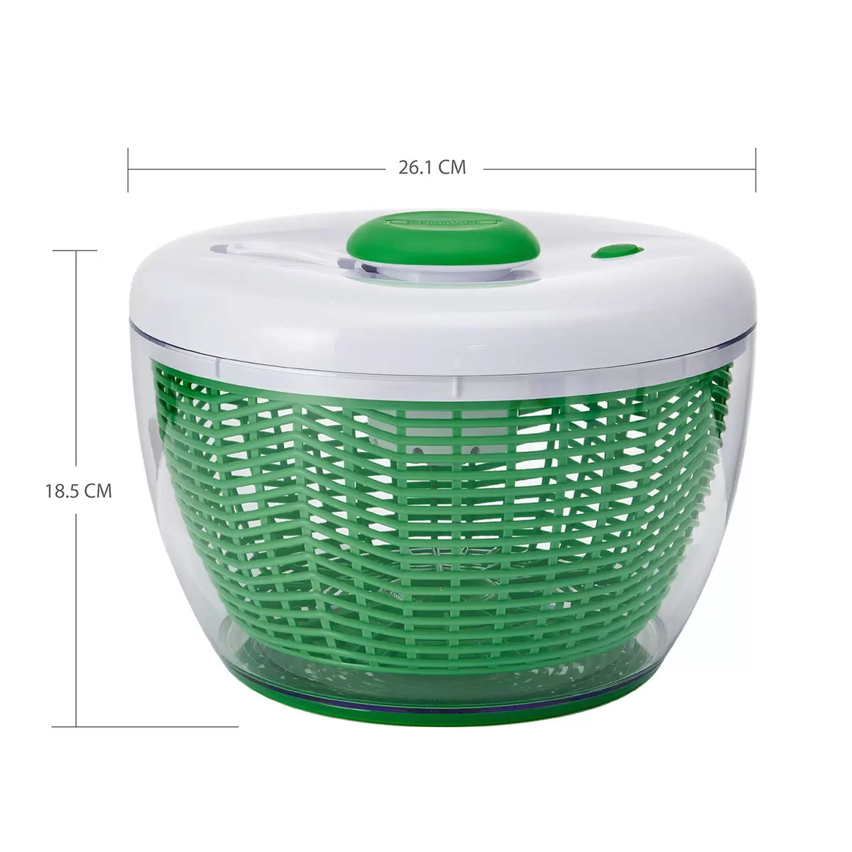 Farberware Pro Pump Salad Spinner with clear bowl spinning fresh green lettuce on a kitchen countertop.