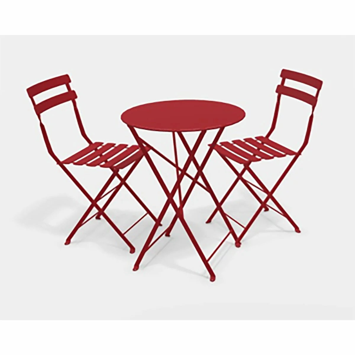 Authentic 3-piece Fermob Bistro set in vibrant red, styled on a modern patio with lush green surroundings.