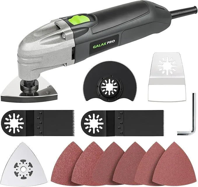 GALAX PRO 180W oscillating multi-tool with various saw blades and sanding papers arranged on a workbench for DIY repair.