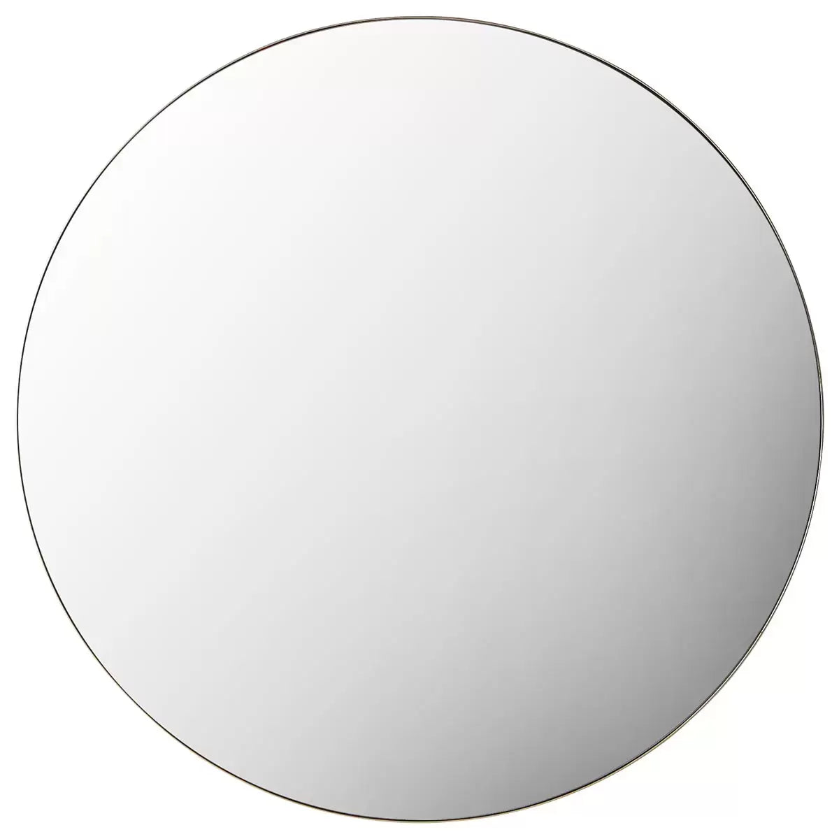 Large 100cm round wall mirror featuring a subtle champagne metal frame hanging in a brightly lit modern interior setting.