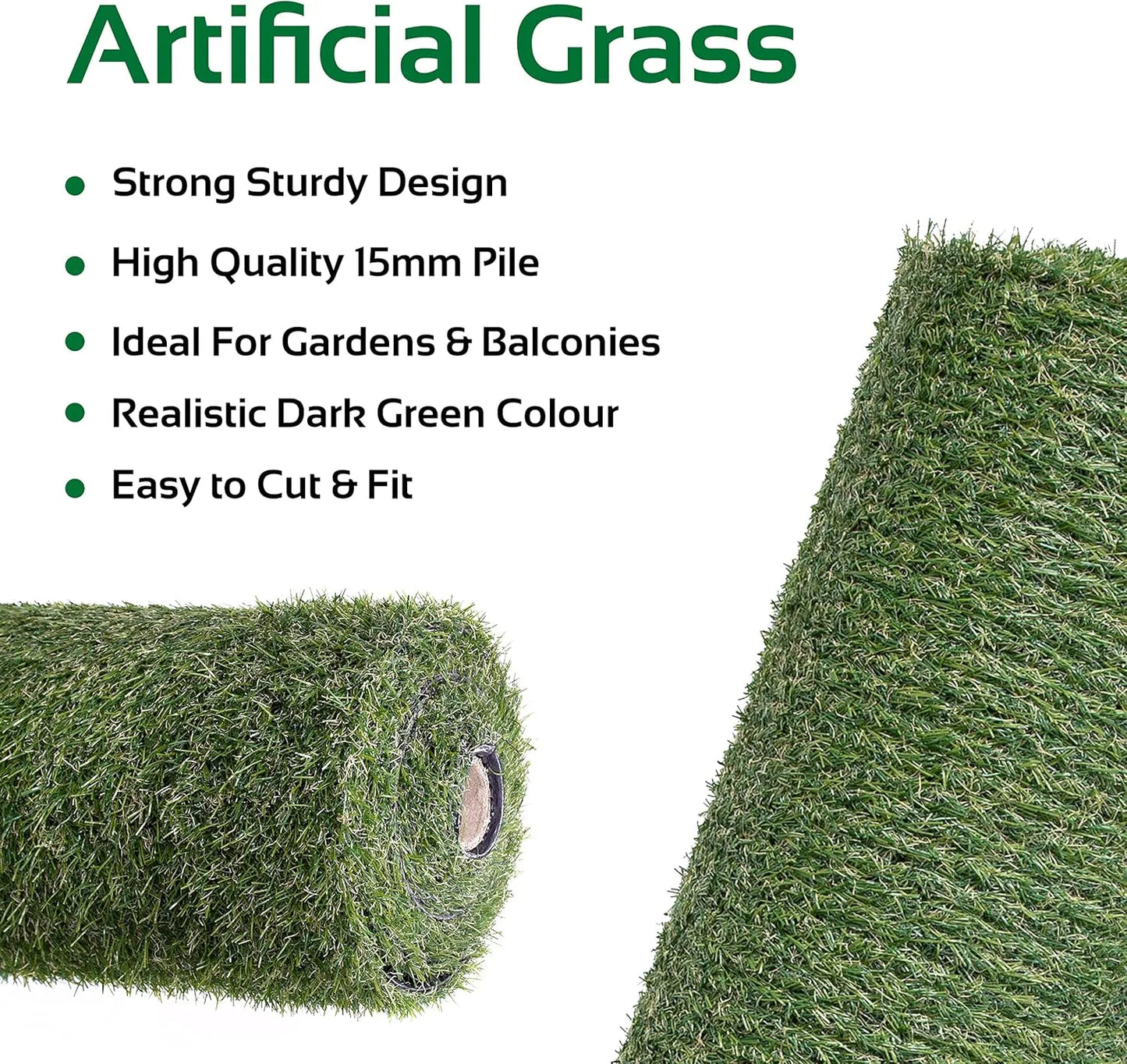 GardenKraft 4m x 1m artificial grass roll with 15mm high-density dark green two-tone pile for gardens, patios, pets, and children's play areas. - 2