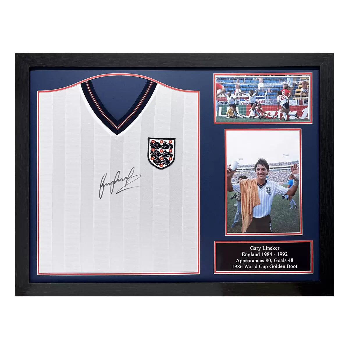 A framed, authentic 1986 England retro football shirt signed by Gary Lineker, displayed against a neutral background to highlight the signature and garment detail.
