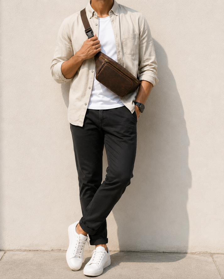 Man wearing a genuine brown leather crossbody bag while sitting outdoors in a stylish casual outfit