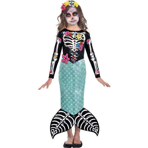 Front view of the Girls Day of the Dead Mermaid Costume for ages 10 to 12 featuring colorful sugar skull fish-scale patterns and a flared tail hem on a studio model.