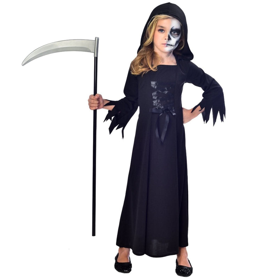 Front view of the Girls Grim Reaper Halloween Costume in deep black textured polyester fabric draped on a child mannequin against a neutral backdrop.