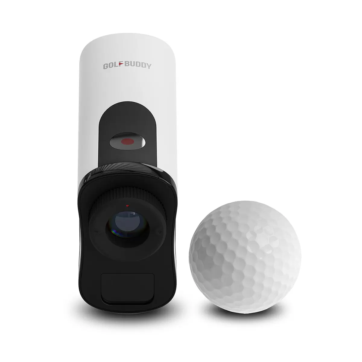 Compact white and silver Golf Buddy Aim L12 laser rangefinder resting inside its open black leather hard case on a golf cart seat.
