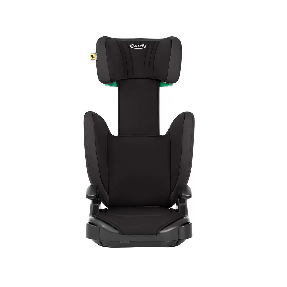 A side-angle view of the Graco Junior Maxi i-Size Booster car seat featuring a sleek design with clearly visible belt guides in a modern vehicle interior.
