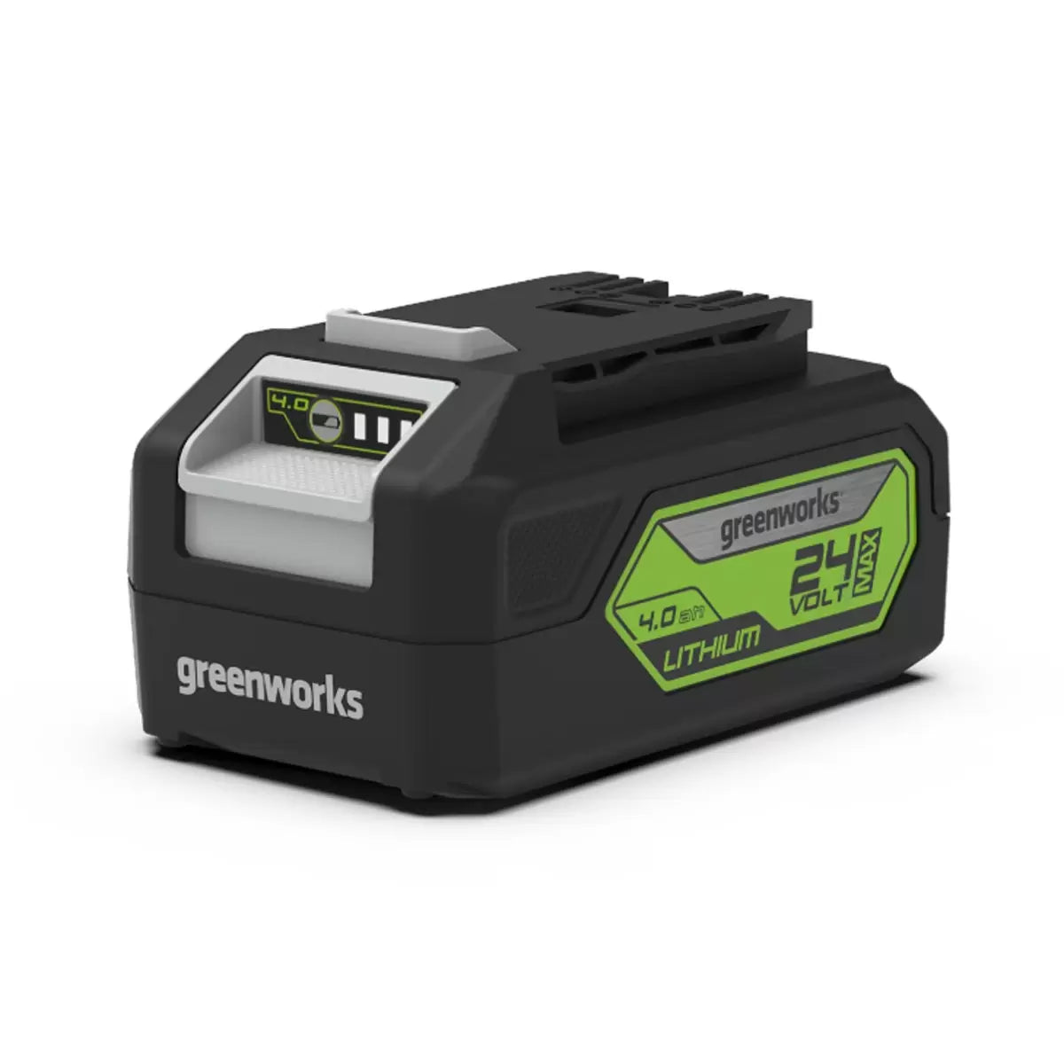 Greenworks 48V 41cm cordless lawn mower with dual batteries and charger cutting grass in a residential garden