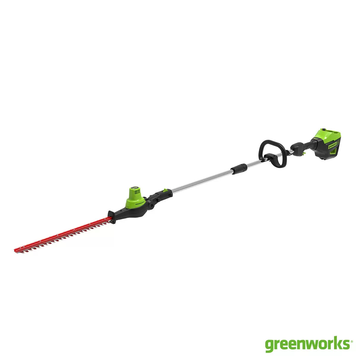Greenworks 60V DigiPro cordless long-reach hedge trimmer with a 51cm blade being used on a tall garden hedge.