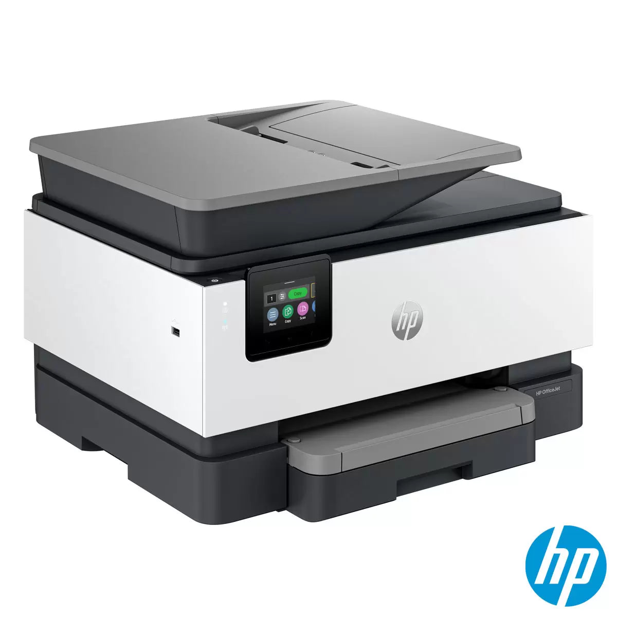Front view of the sleek basalt gray HP OfficeJet PRO 9120E printer sitting on a clean wooden office desk, displaying its active touchscreen panel.