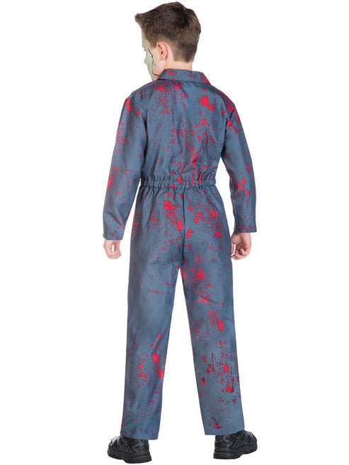 Front view of the Halloween Killer child costume featuring a blood-splattered silver screen psychopath boiler suit design on a plain background.