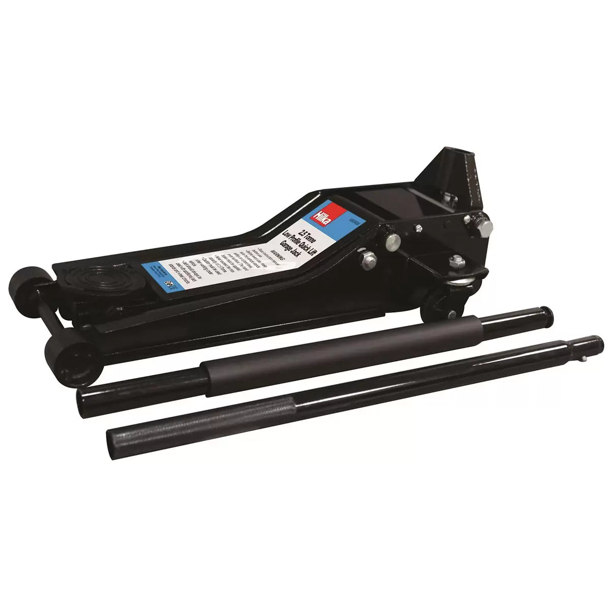 Heavy-duty red steel Hilka 2.5 Tonne low profile fast lift trolley jack positioned under a car chassis inside a workshop environment.