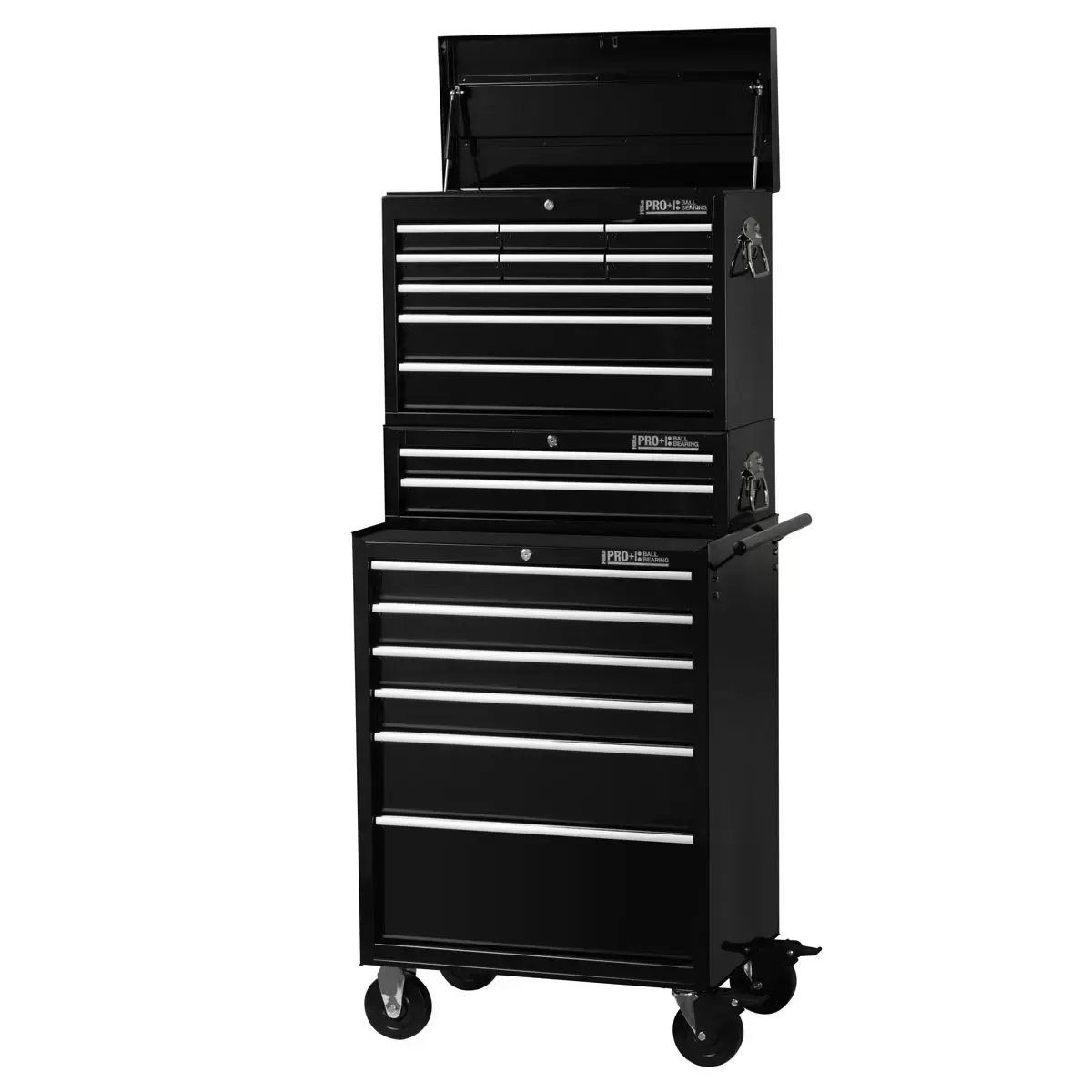 Front angle view of the red steel Hilka HD Pro 17-drawer tool chest trolley combination with opened aluminum pull drawers and heavy-duty castors.