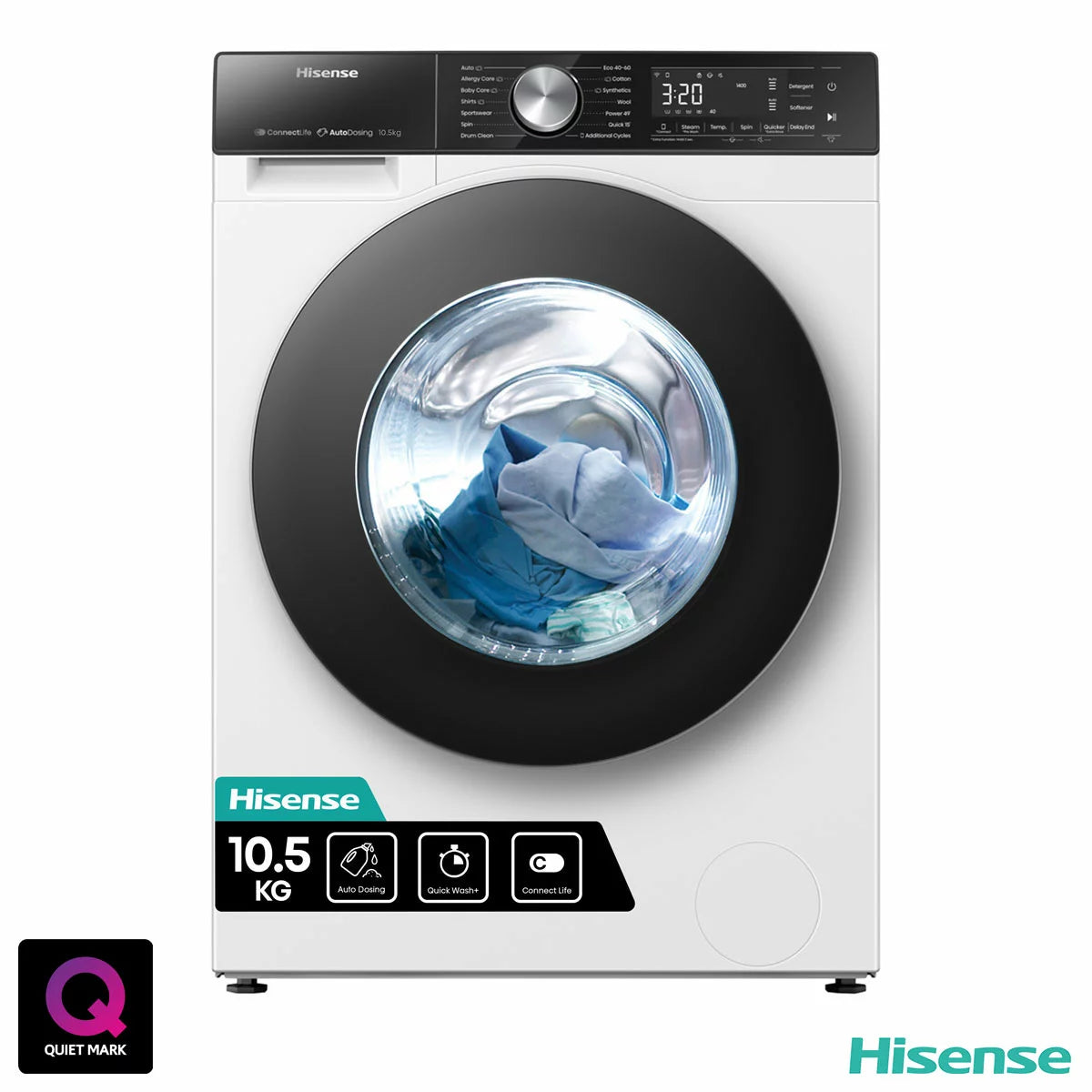 Hisense WF5S1045BW 10.5kg 1400rpm A Rated White Washing Machine with large capacity drum and energy-efficient performance .