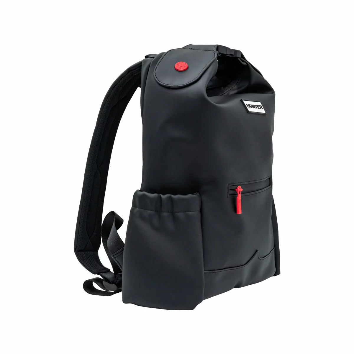 Black Hunter PU Topclip Backpack with smooth water-resistant rubberised finish and signature buckle clip closure displayed against a grey background.