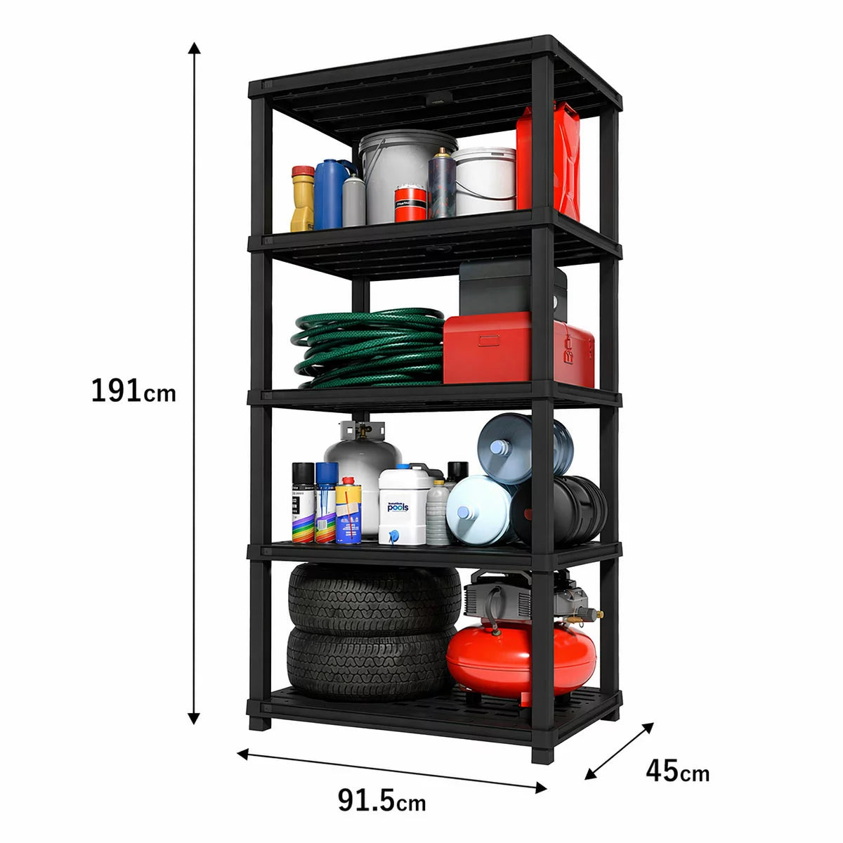 A tall matte black IRIS OHYAMA five tier plastic storage rack holding heavy toolboxes and organized bins inside a clean garage setting.