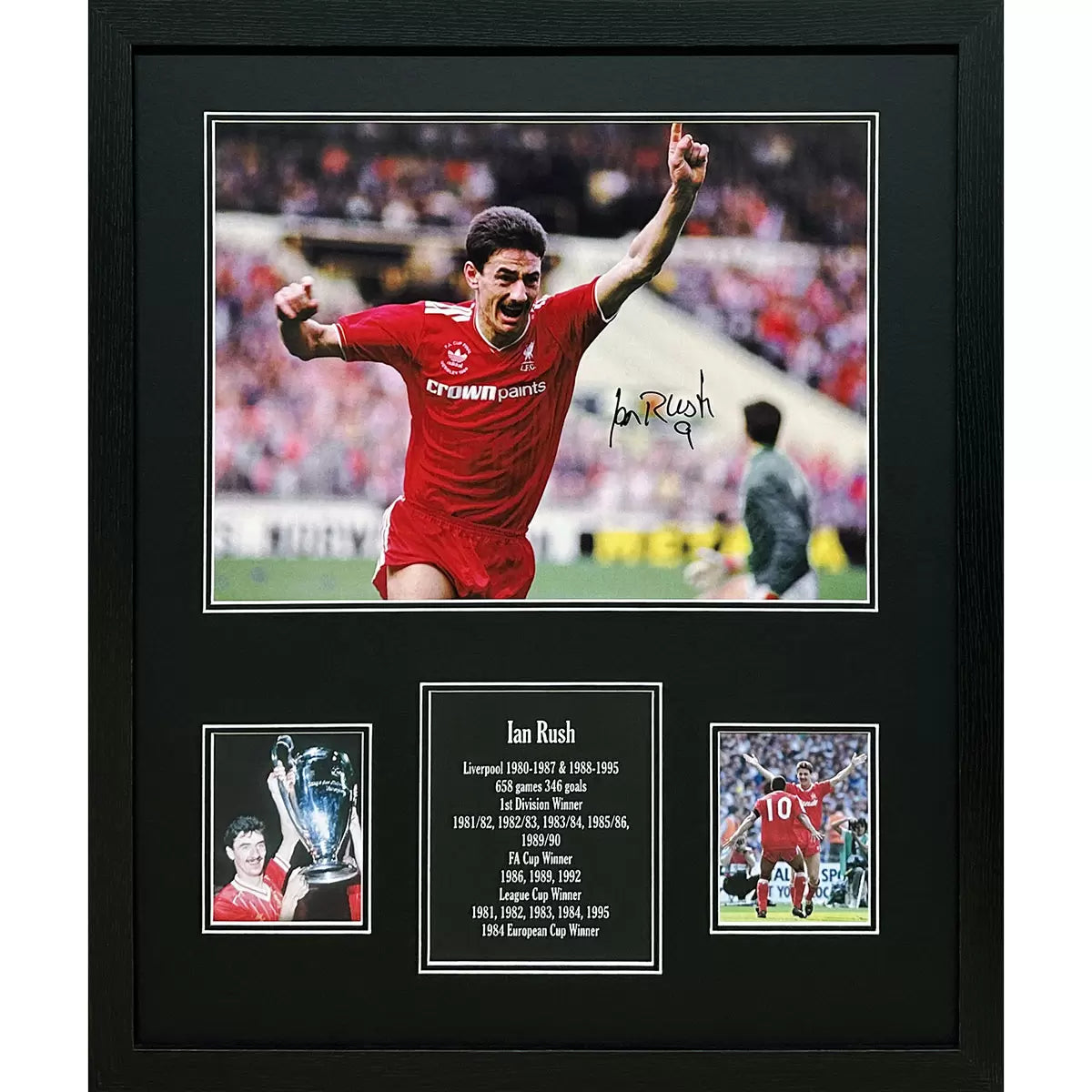 Ian Rush hand-signed Liverpool FC action photograph displayed in a professional gallery frame.