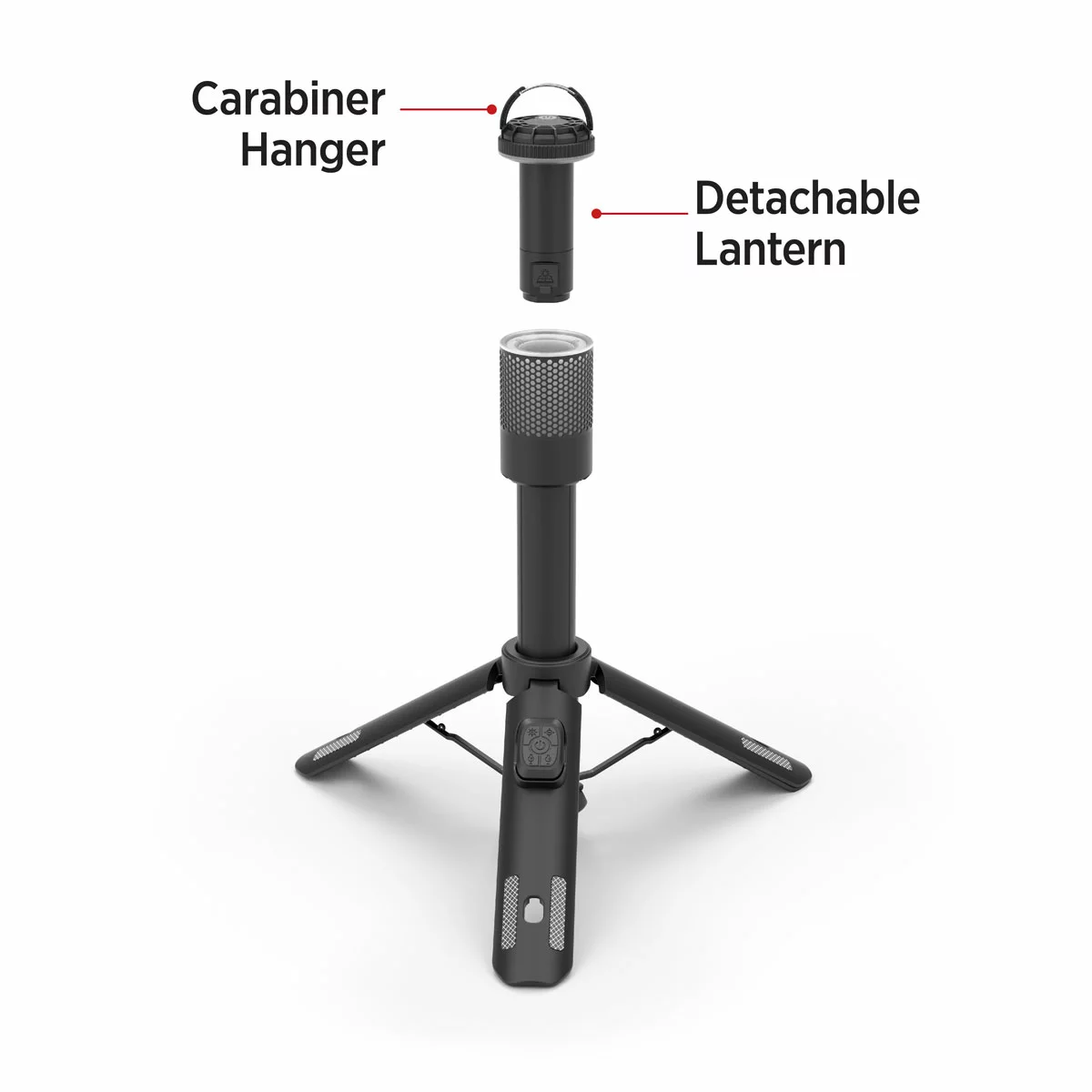Black Infinity X1 2000 lumen rechargeable camp light mounted on an extended 1.9 meter telescoping tripod illuminating a dark grassy campsite at night.