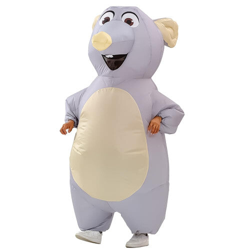 Full-length front view of an adult wearing an inflated grey cartoon mouse costume with big round ears standing in a brightly lit room.