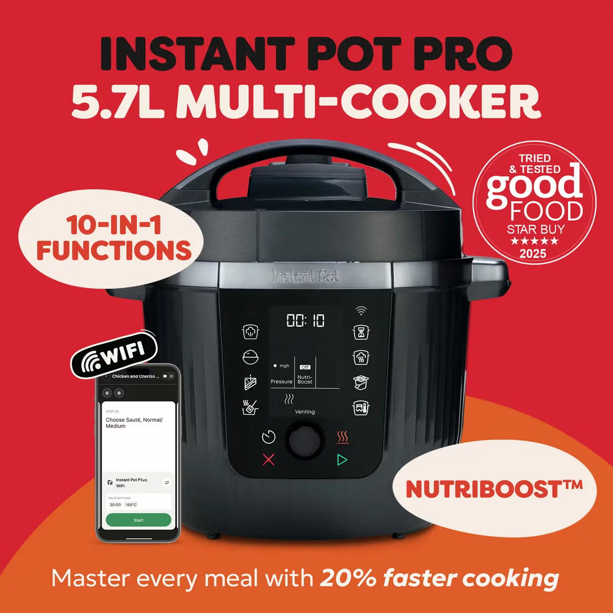 Front three-quarter angle of the Coconut White Instant Pot PRO 5.7L multicooker on a kitchen counter displaying the digital LCD screen and top lid.