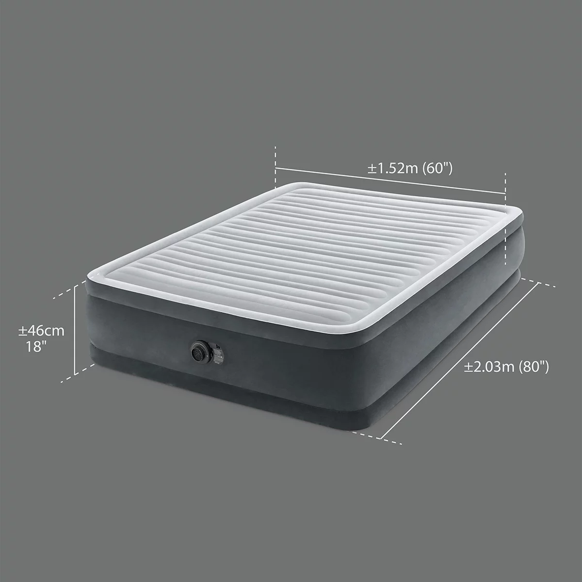 Intex King Dura-Beam Deluxe elevated grey king-size air mattress with plush velvet top and built-in electric pump set up in a bright guest bedroom.