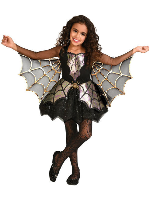 Front view of the child and teen iridescent spider girl dress showing silver web details, purple mesh drapes on sleeves, and a spider motif waist accent on a dark background.