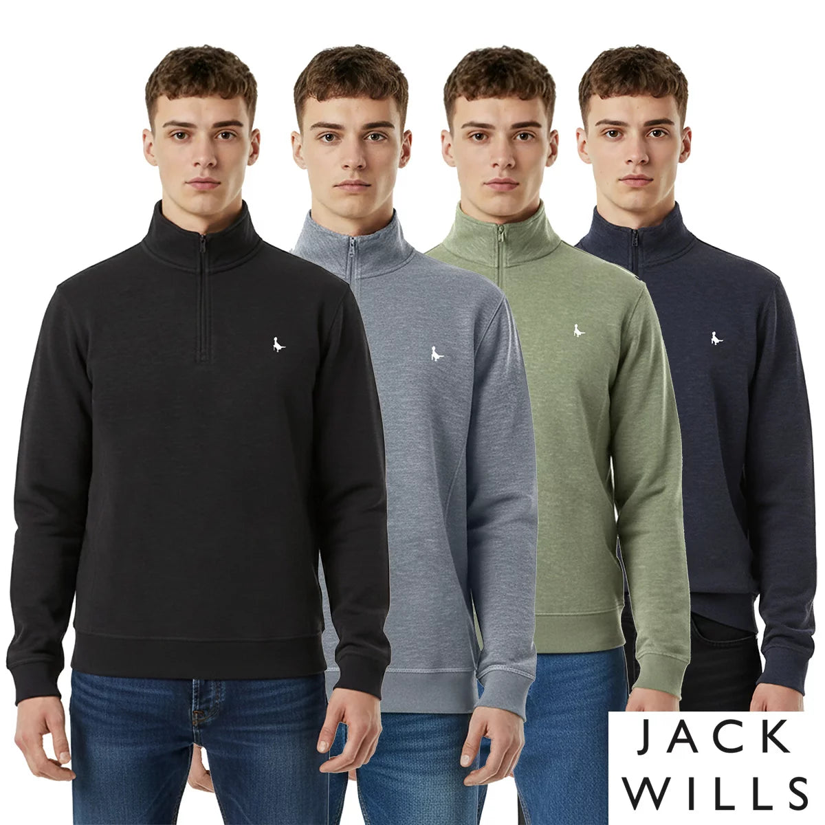 Front view of the Jack Wills Men's Melange 1/4 Zip Jumper in navy showing the ribbed cotton texture, metal zipper pull, and embroidered pheasant chest logo on a plain studio backdrop.