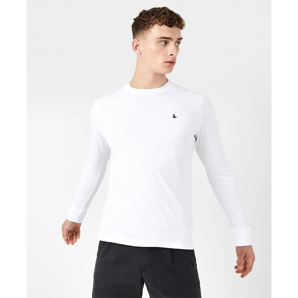 Front view of the Jack Wills Men's Sandleford Long Sleeve Tee in solid navy cotton with the signature embroidered pheasant logo on the chest.