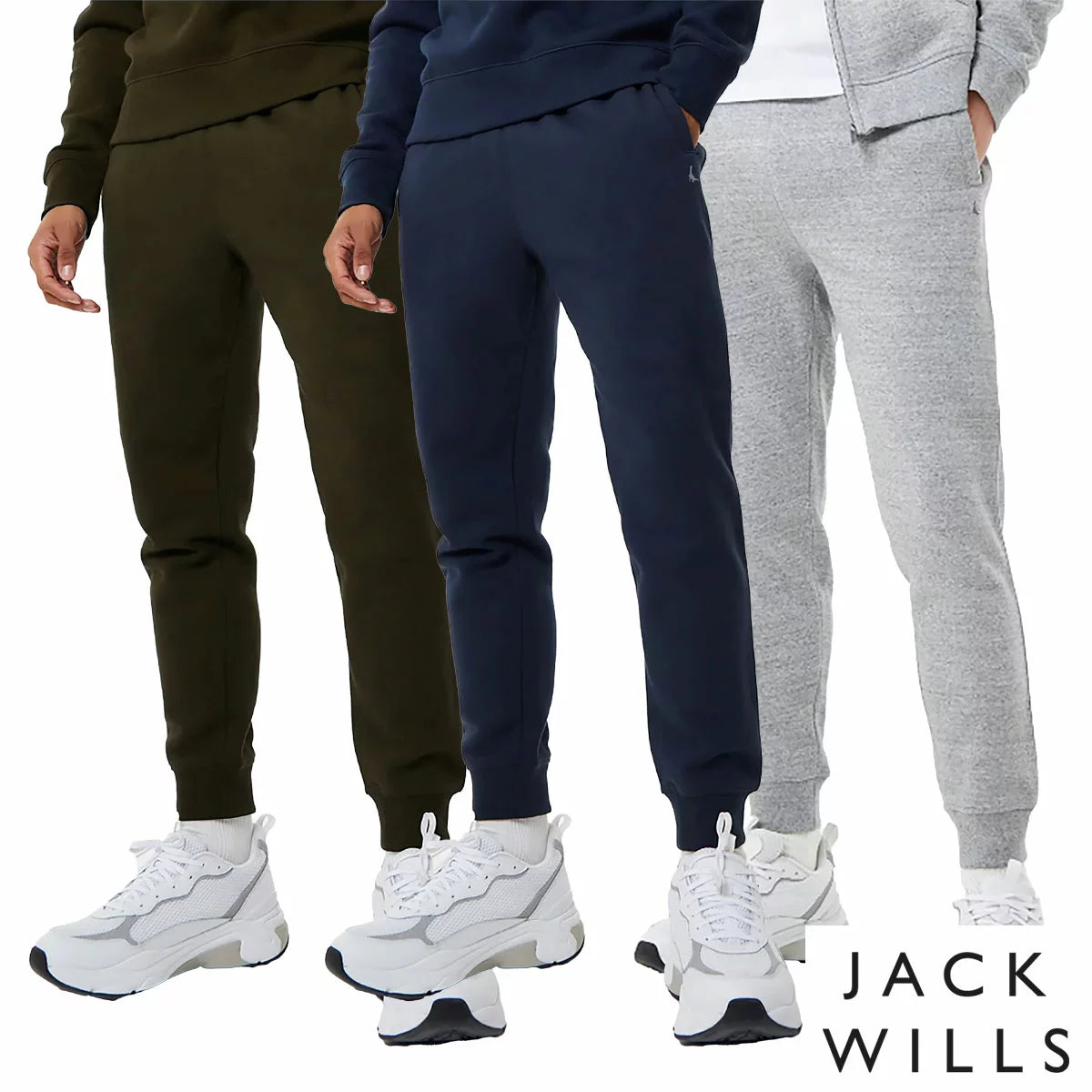 Front view of navy blue Jack Wills Men's Haydor slim fit joggers featuring soft brushed fleece texture, side pockets, and embroidered heritage logo against a clean studio background.