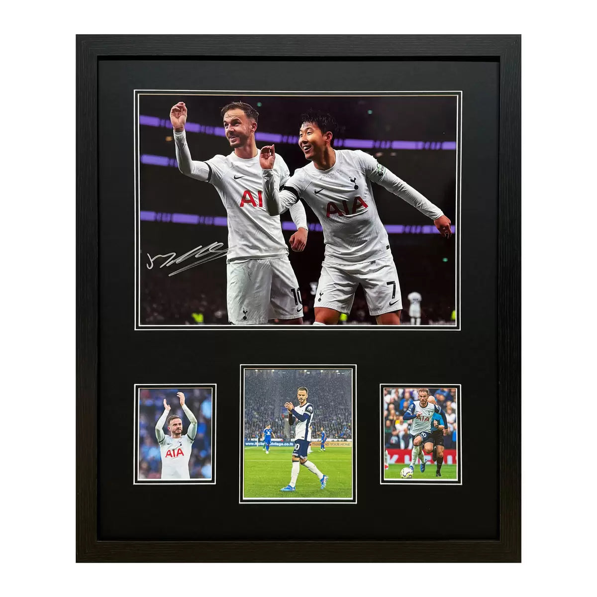 A 16x12 action photograph of James Maddison in a Tottenham Hotspur kit, featuring a clear hand-signed autograph against a professional photographic finish.