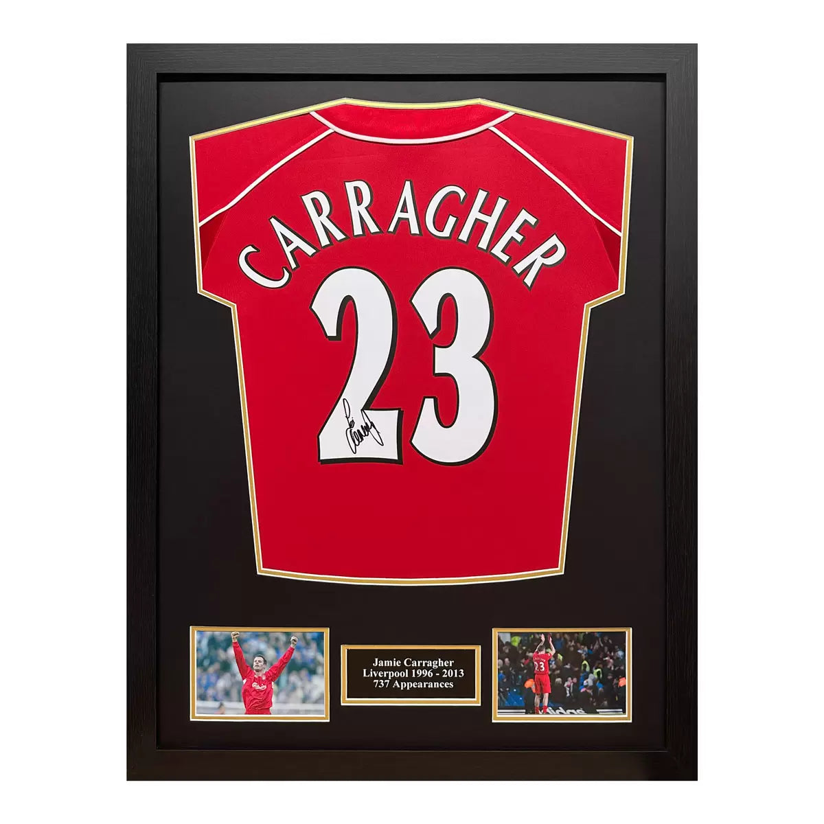 A professionally framed 2000 retro Liverpool football shirt hand-signed by Jamie Carragher, displayed in a dark-wood frame against a neutral wall.