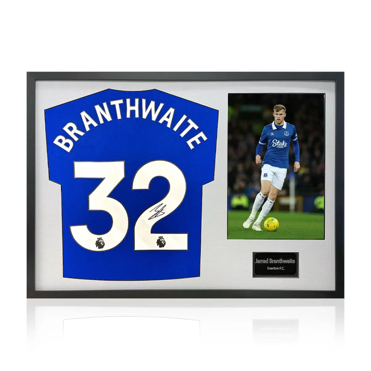 A professionally framed Everton shirt signed by Jarrad Branthwaite featuring a crisp action photo, displayed in a choice of black or white mounting.