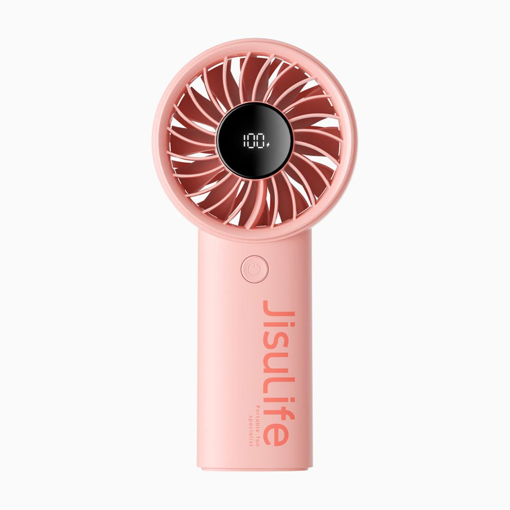 JisuLife Life4 5000mAh handheld fan with digital display showing battery percentage level.